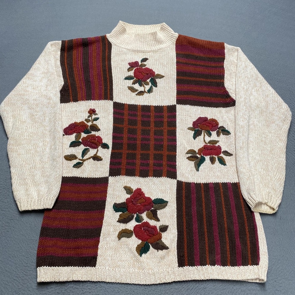 Vintage Milano Design Group Sweater Womens Medium‎ Beige Rose Embroidered Knit